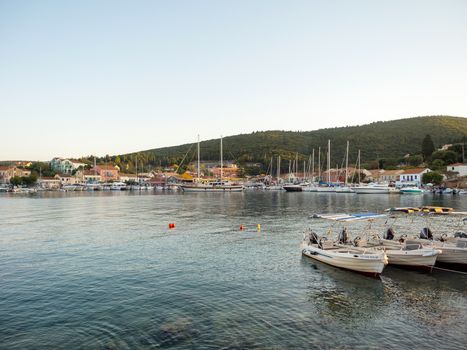 FISKARDO, GREECE - AUGUST 20, 2016: The port of Fiskardo village in Kefalonia island