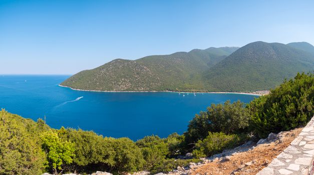 Panoramic view of shore with  blue water in Kefalonia island, Greece
