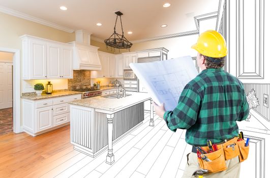 Male Contractor with Hard Hat and Plans Looking At Custom Kitchen Drawing Photo Combination On White.