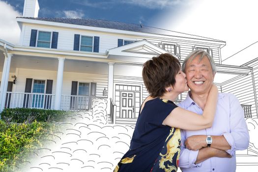 Chinese Senior Adult Couple Kissing In Front Of Custom House Drawing and Photo Transition.