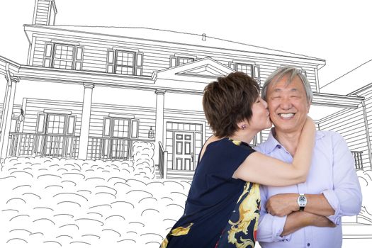 Chinese Senior Adult Couple Kissing In Front Of Custom House Drawing Plans.