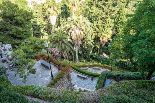 Gardens on the hill overlooking the city of Malaga, Spain, Europe on a bright summer day