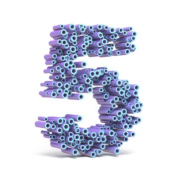 Purple blue font made of tubes NUMBER FIVE 5 3D render illustration isolated on white background