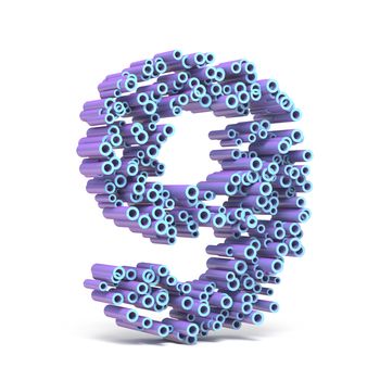 Purple blue font made of tubes NUMBER NINE 9 3D render illustration isolated on white background