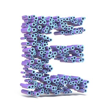 Purple blue font made of tubes LETTER E 3D render illustration isolated on white background
