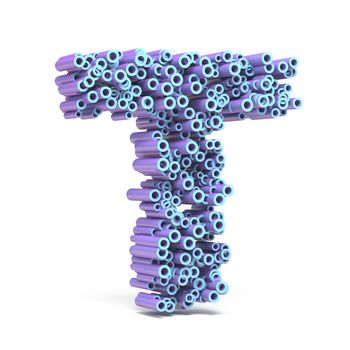 Purple blue font made of tubes LETTER T 3D render illustration isolated on white background