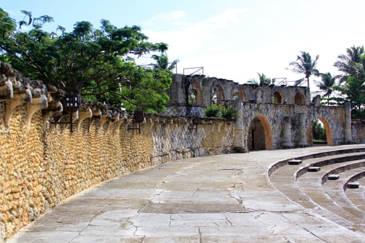 Amphitheater at Altos de Chavon, a re-creation of a mediterranean style European village located atop the Chavon River in La Romana, Dominican Republic. It is the most popular attraction in the city and also hosts a cultural center and an archeological museum