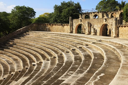 Amphitheater at Altos de Chavon, a re-creation of a mediterranean style European village located atop the Chavon River in La Romana, Dominican Republic. It is the most popular attraction in the city and also hosts a cultural center and an archeological museum