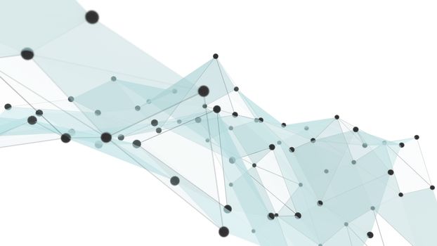 Concept of Network, Internet Communication. The black points are connected by lines and blue transparent triangles. 3D Illustration