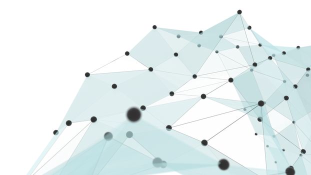 Concept of Network, Internet Communication. The black points are connected by lines and blue transparent triangles. 3D Illustration