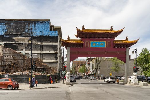 MONTREAL - MAY 28: Chinatown Gateway at the entrance of Montreal Chinatown at Boulvard St-Laurent on May 28, 2017 in Montreal, Quebec, Canada.