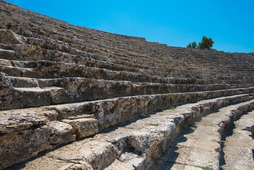 Roman amphitheatre in the ruins of Hierapolis, in Pamukkale, near modern turkey city Denizli, Turkey.