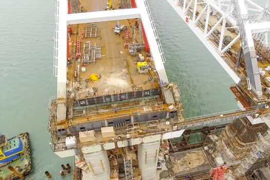 Construction of the bridge. Engineering facilities for the construction of a railway and automobile bridge across the strait.