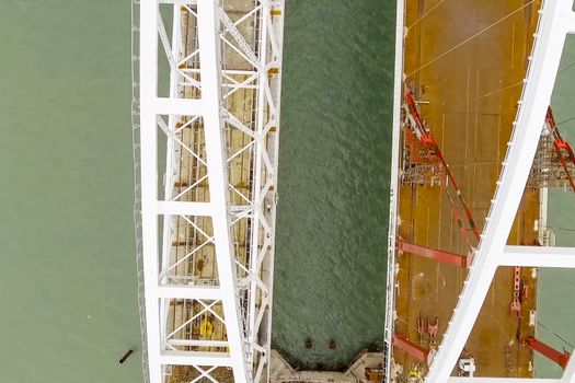 Construction of the bridge. Engineering facilities for the construction of a railway and automobile bridge across the strait.