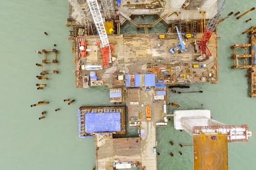 Construction of the bridge. Engineering facilities for the construction of a railway and automobile bridge across the strait.