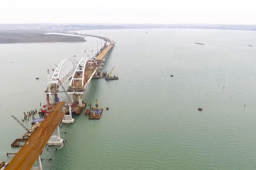 Construction of the bridge. Engineering facilities for the construction of a railway and automobile bridge across the strait.