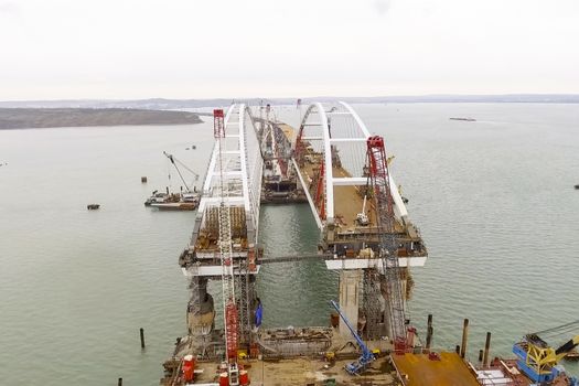 Construction of the bridge. Engineering facilities for the construction of a railway and automobile bridge across the strait.