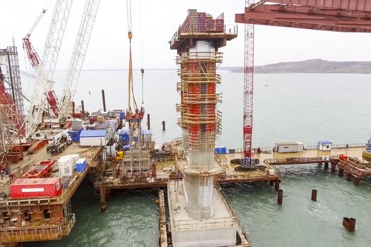 Construction of the bridge. Engineering facilities for the construction of a railway and automobile bridge across the strait.