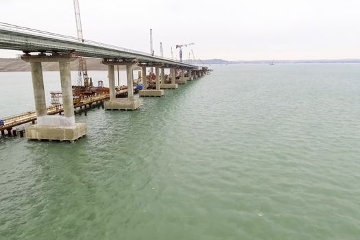 Construction of the bridge. Engineering facilities for the construction of a railway and automobile bridge across the strait.