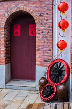 Traditional Chinese Building Front Door with Decoration.