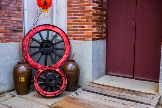 Traditional Chinese Building Front Door with Decoration.