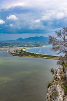 View of Divari Beach and the Divari lagoon in the Peloponnese region of Greece, from the Palaiokastro (old Navarino Castle).