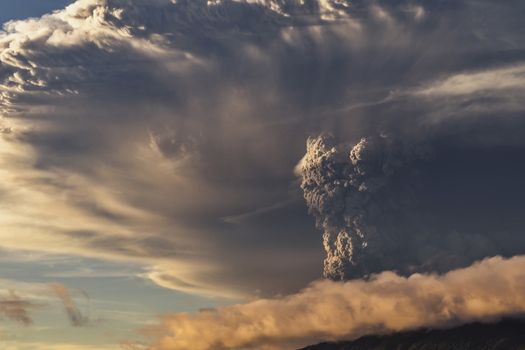 Eruption. Clubs of smoke and ash in the atmosphere.