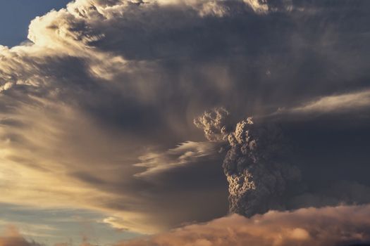 Eruption. Clubs of smoke and ash in the atmosphere.