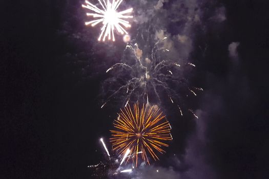 Festive salute in the night sky. Explosions of fireworks.