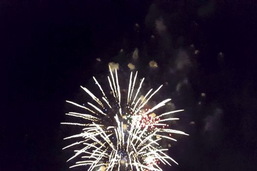 Festive salute in the night sky. Explosions of fireworks.