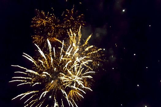 Festive salute in the night sky. Explosions of fireworks.