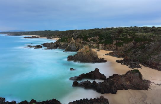Views over the coastline with rising sea stacks at Bingie NSW Australia