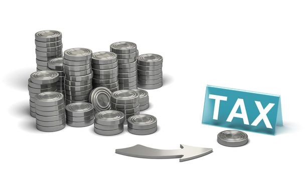 3D illustration of many piles of coins and an arrow pointing a blue sign over white background. Concept of corporate tax planning or optimization.