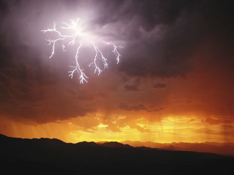 Lightning in the sky. Electric discharges in the sky.