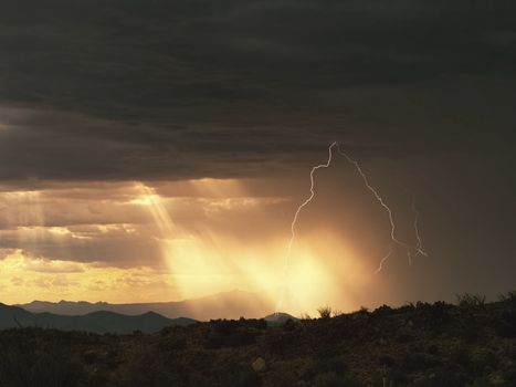 Lightning in the sky. Electric discharges in the sky.