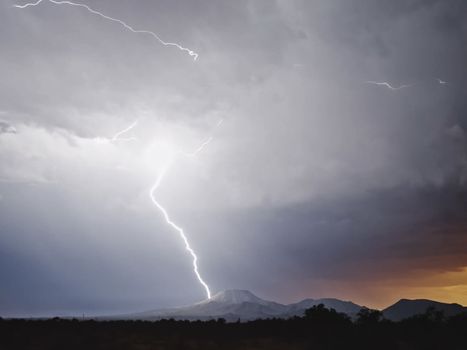 Lightning in the sky. Electric discharges in the sky.