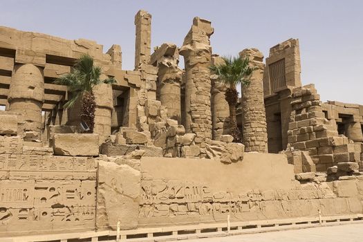 Buildings and columns of ancient Egyptian megaliths. Ancient ruins of Egyptian buildings