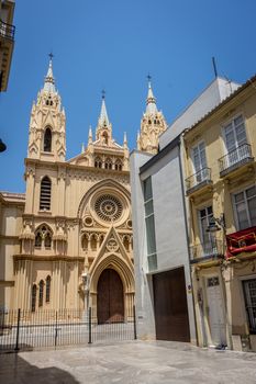View at the church of Sacred Heart in Malaga, Spain, Europe on bright summer day with blue sky