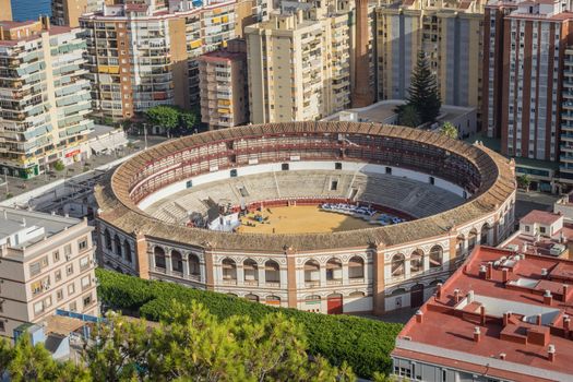 aerial view of Malagueta district and La Malagueta Bullring in Malaga, Spain, Europe on a bright summer day with blue sky