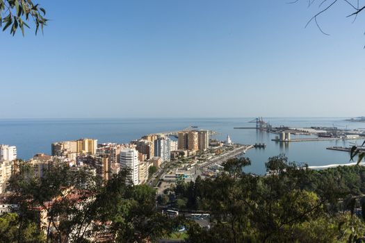 City skyline of Malaga overlooking the sea ocean in Malaga, Spain, Europe on a bright summer day with blue skies with trees