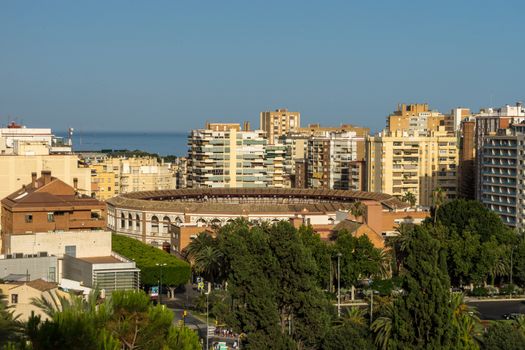 aerial view of Malagueta district and La Malagueta Bullring in Malaga, Spain, Europe on a bright summer day