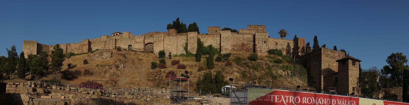 Panorama of roman theater, Malaga, Costa del Sol, Spain, Europe on a bright summer day with blue sky