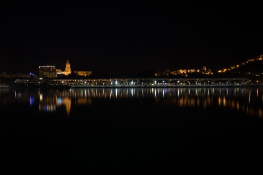 View of Alcazaba from harbour, Malaga, spain, Europe at night