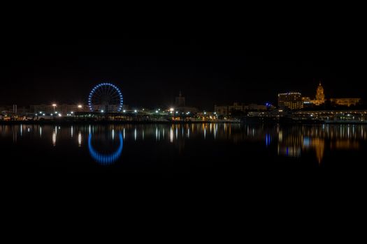 View of Malaga city from harbour, Malaga, spain, Europe at night with illuminations