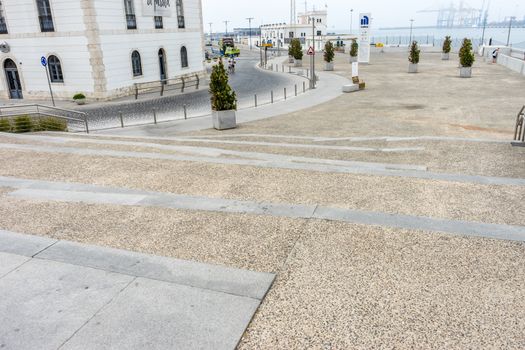 Stone steps along the Malagueta beach at Malaga, Spain, Europe on a cloudy morning