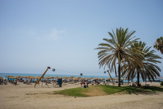 tall twin palm trees along the Malagueta beach with volleyball court in the background in Malaga, Spain, Europe on a summer day with clear skies