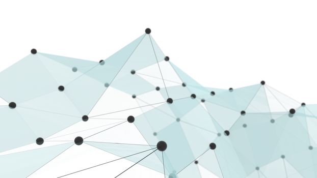 Concept of Network, Internet Communication. The black points are connected by lines and blue transparent triangles. 3D Illustration