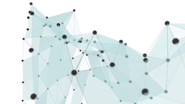 Concept of Network, Internet Communication. The black points are connected by lines and blue transparent triangles. 3D Illustration