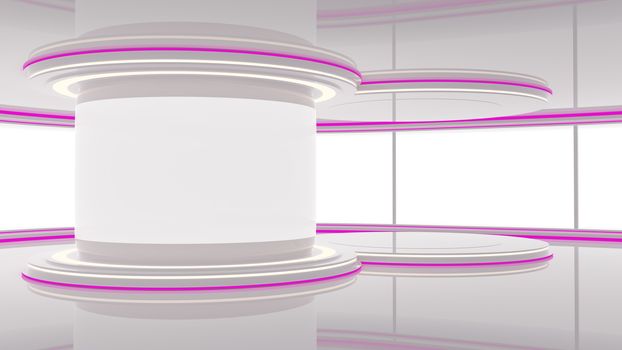 TV news, broadcasting, technology, science and business concept. 3D glossy white and purple studio. 3D rendering.