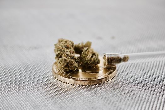Green fresh marijuana on gold litecoin coin in silver background.